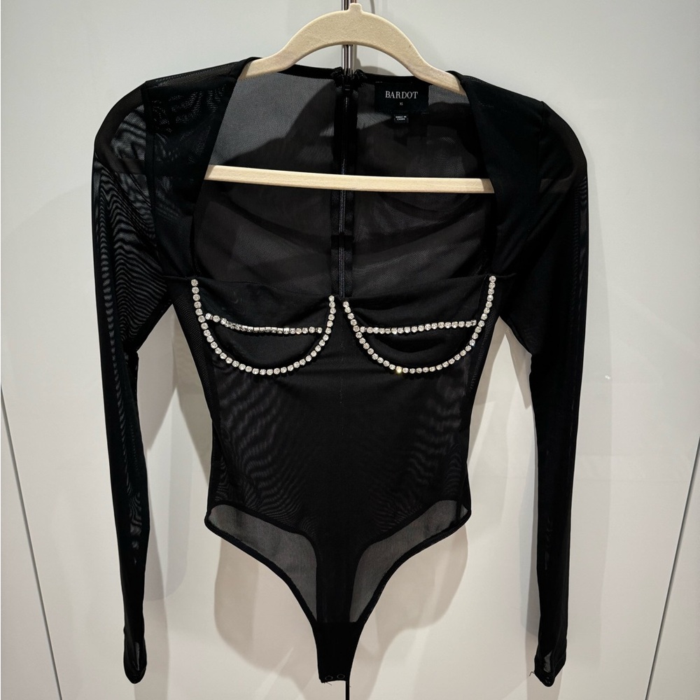 Sheer Black Long Sleeve Bodysuit with Rhinestone Detail - Picture 7 of 8